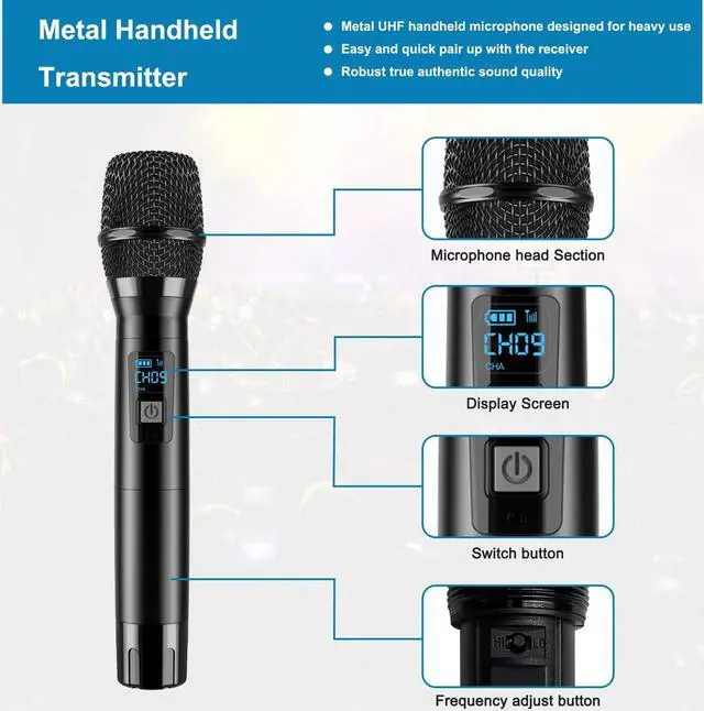 Alt view image 6 of 7 - VeGue Wireless Microphone System, Metal Professional UHF Dual Handheld Microphone Cordless Dynamic Mic Set for Home Karaoke, Party, Singing, Meeting, Church, Wedding, DJ, 200ft(VW-022)