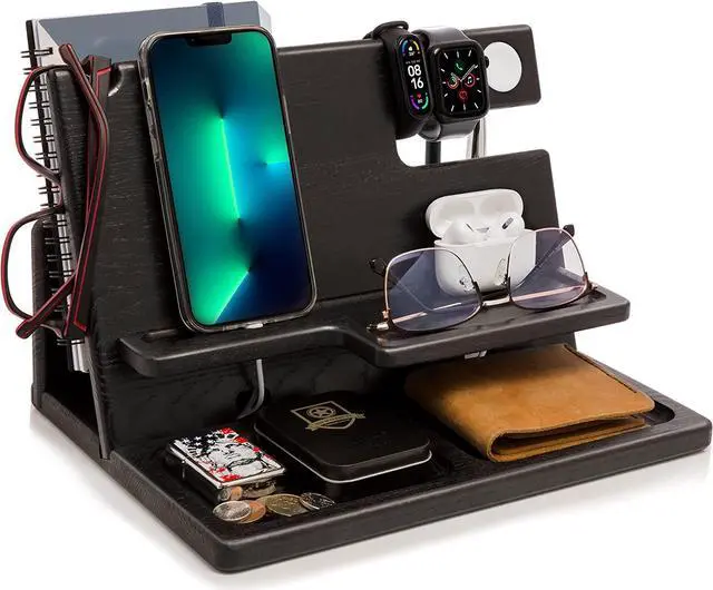 Main image of Gift for Men Wood Phone Docking Station Key Holder Wallet Stand Watch Organizer Father's Day Valentine's Day Anniversary Xmas Gift for Dad Birthday Nightstand Compatible with iPhone iWatch AirPods