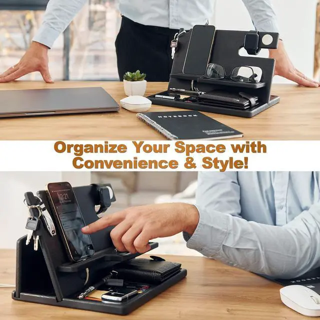 Alt view image 3 of 7 - Gift for Men Wood Phone Docking Station Key Holder Wallet Stand Watch Organizer Father's Day Valentine's Day Anniversary Xmas Gift for Dad Birthday Nightstand Compatible with iPhone iWatch AirPods