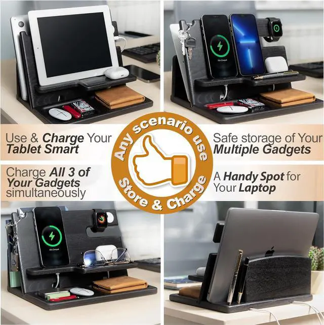 Alt view image 4 of 7 - Gift for Men Wood Phone Docking Station Key Holder Wallet Stand Watch Organizer Father's Day Valentine's Day Anniversary Xmas Gift for Dad Birthday Nightstand Compatible with iPhone iWatch AirPods