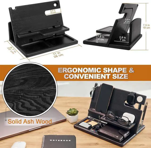 Alt view image 5 of 7 - Gift for Men Wood Phone Docking Station Key Holder Wallet Stand Watch Organizer Father's Day Valentine's Day Anniversary Xmas Gift for Dad Birthday Nightstand Compatible with iPhone iWatch AirPods