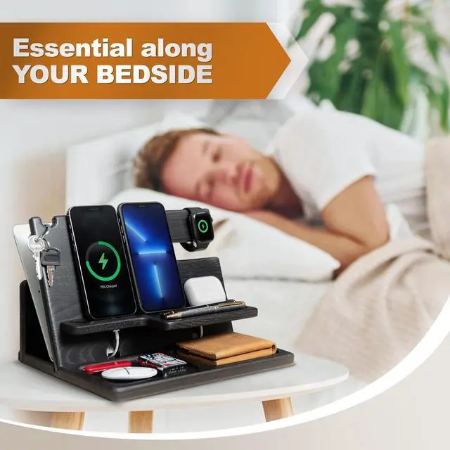 Alt view image 6 of 7 - Gift for Men Wood Phone Docking Station Key Holder Wallet Stand Watch Organizer Father's Day Valentine's Day Anniversary Xmas Gift for Dad Birthday Nightstand Compatible with iPhone iWatch AirPods