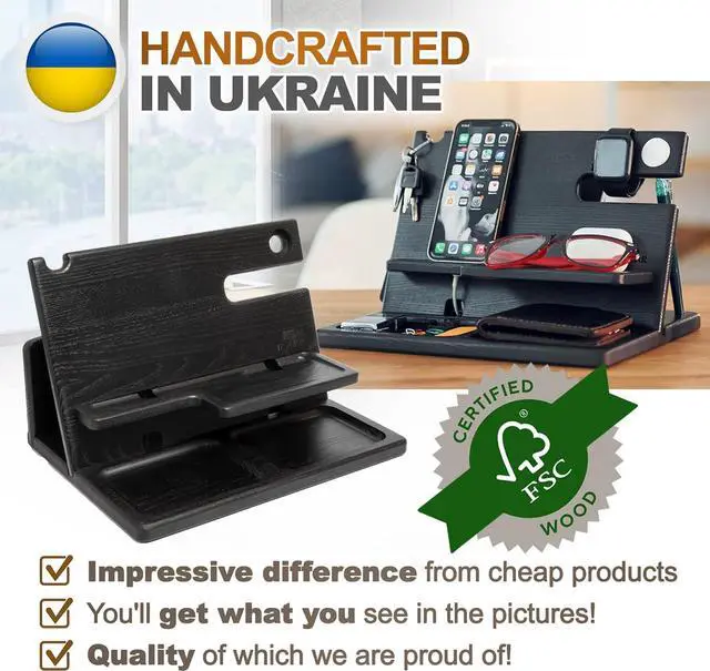 Alt view image 7 of 7 - Gift for Men Wood Phone Docking Station Key Holder Wallet Stand Watch Organizer Father's Day Valentine's Day Anniversary Xmas Gift for Dad Birthday Nightstand Compatible with iPhone iWatch AirPods