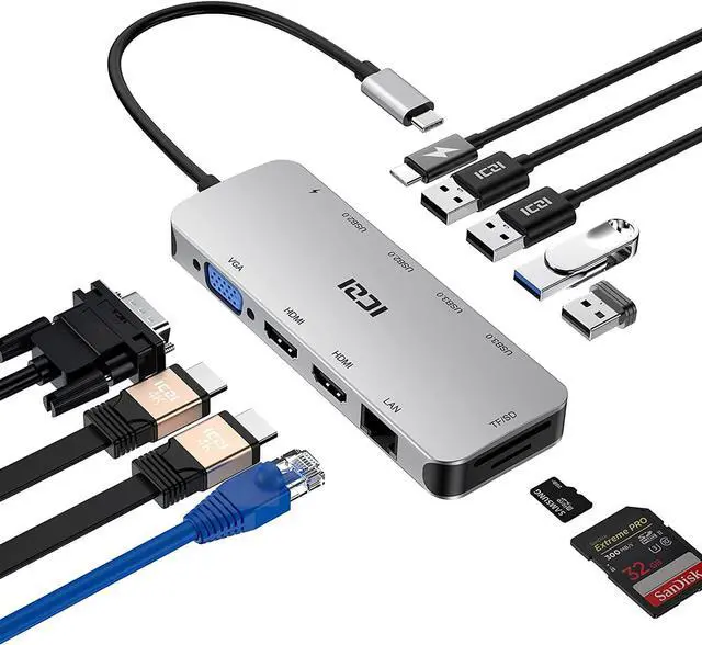 Main image of USB C Docking Station Dual Monitor, ICZI 11 in 1 Triple Display USB C Hub Multiport Adapter for MacBook/Dell/HP/Lenovo/Surface Pro Laptop, USB C Dongle(2 HDMI 4K+VGA+100W PD+4 USB Port+Ethernet+SD/TF)