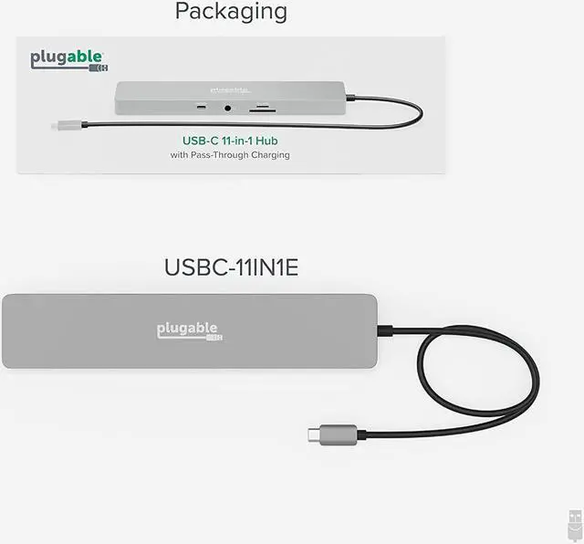 Alt view image 7 of 7 - Plugable 11-in-1 USB-C Hub, 100W USB-C Pass-Through, Laptop Docking Station Dual Monitor, 4K 60Hz HDMI, Compatible with Thunderbolt, Windows, Chromebooks, Displays Mirrored on Mac