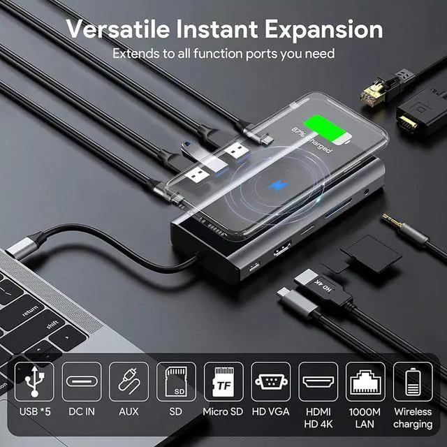 Alt view image 2 of 7 - Ikling USB C Hub, 13-in-1 USB C Docking Station to HDMI, VGA, Wireless Charger, 5 USB Ports, Ethernet, SD/TF Card Reader, USB C to 3.5mm Audio, USB C Dock for MacBook Dell XPS HP