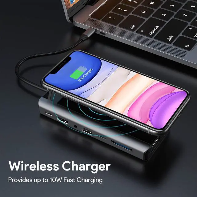 Alt view image 7 of 7 - Ikling USB C Hub, 13-in-1 USB C Docking Station to HDMI, VGA, Wireless Charger, 5 USB Ports, Ethernet, SD/TF Card Reader, USB C to 3.5mm Audio, USB C Dock for MacBook Dell XPS HP