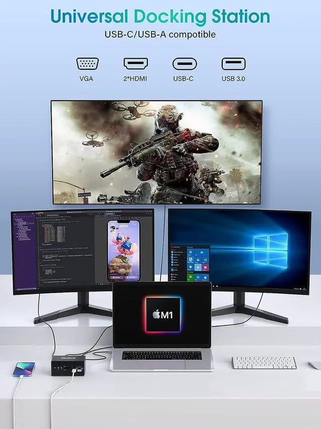 Alt view image 2 of 6 - 14 in 1 Docking Station Quadruple Monitor Compatible for MacBook and Windows, Thunderbolt Dock with USB-A and USB-C Cable(2HDMI ,VGA,PD3.0,RJ45,4 USB Ports,SD/TF,Audio)