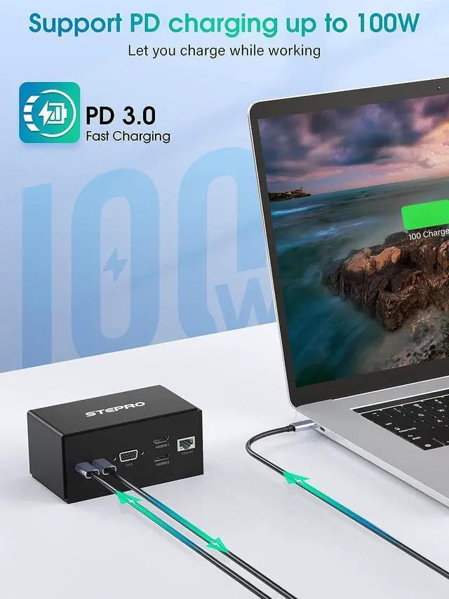 Alt view image 6 of 6 - 14 in 1 Docking Station Quadruple Monitor Compatible for MacBook and Windows, Thunderbolt Dock with USB-A and USB-C Cable(2HDMI ,VGA,PD3.0,RJ45,4 USB Ports,SD/TF,Audio)