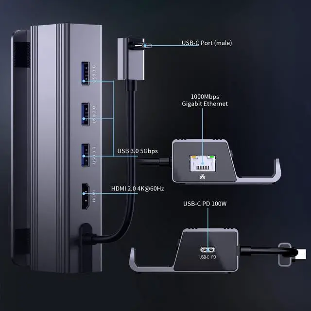 Alt view image 2 of 7 - Nycaco Docking Station Compatible with Steam Deck, 6-in-1 Steam Deck Dock with HDMI 2.0 4K@60Hz, Gigabit Ethernet, 3 USB 3.0 and Full Speed Charging USB C Port for Valve Stream Deck, Aluminum Alloy.