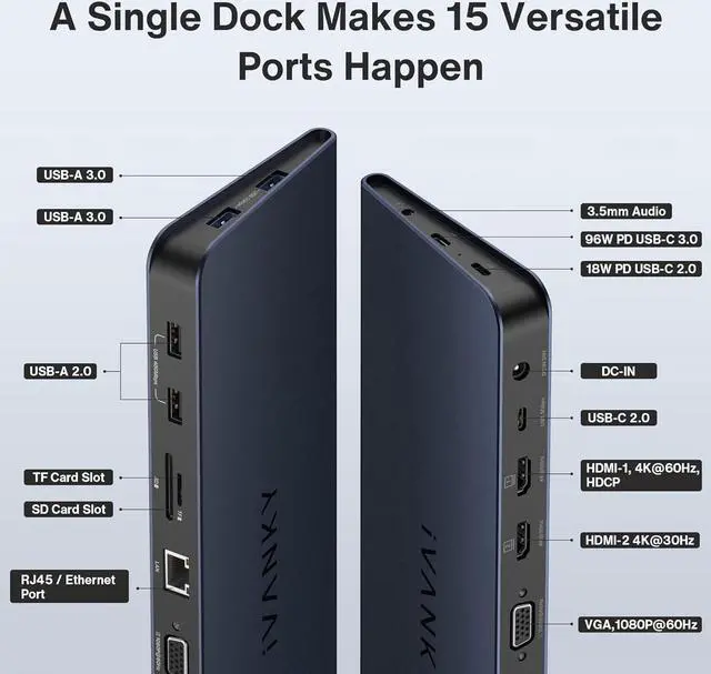 Alt view image 2 of 7 - MacBook Pro Docking Station with 100W Power Adapter, iVANKY 15 in 1 Triple Display USB C Universal Docking Station for MacBook M1/M2 Dual 4K Thunderbolt 3/4 Displaylink Dock 2HDMI VGA, 96W PD, 7 USB