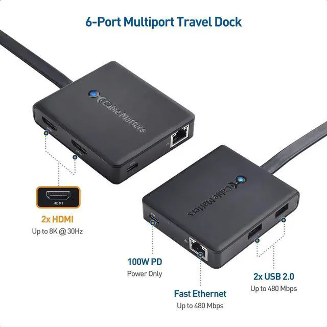 Alt view image 2 of 7 - Cable Matters Dual Monitor USB C Hub (USB C Dock) with Dual 4K HDMI, 2X USB 2.0, Ethernet, and 100W Charging - Thunderbolt 4 / USB4 / Thunderbolt 3 Port Compatible with Windows