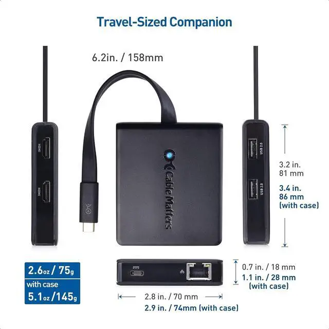 Alt view image 7 of 7 - Cable Matters Dual Monitor USB C Hub (USB C Dock) with Dual 4K HDMI, 2X USB 2.0, Ethernet, and 100W Charging - Thunderbolt 4 / USB4 / Thunderbolt 3 Port Compatible with Windows