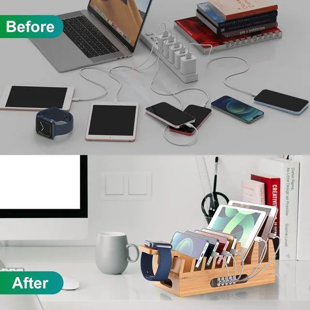 Alt view image 7 of 7 - Pezin & Hulin Bamboo Charging Station Holder with 5 Port USB Charger, Watch Stand, 6 x Charge Cable, Wood Docking Stand Electronic Organizer for Multiple Devices, Phones, Tablets, Laptop and More