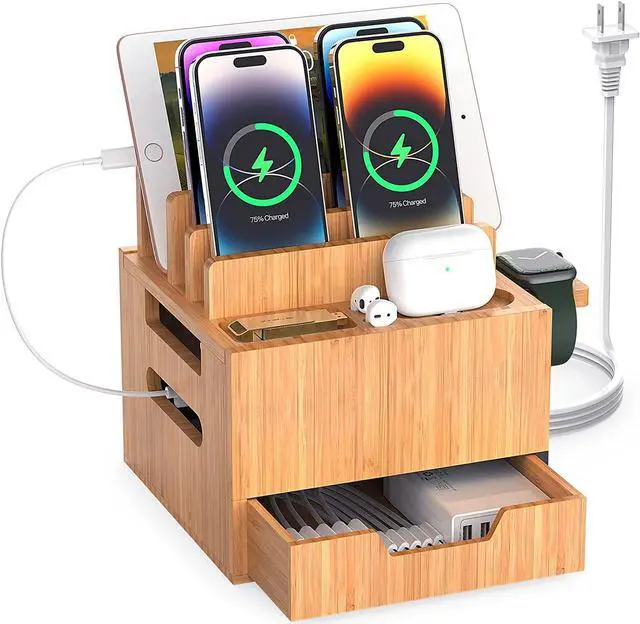 Main image of Pezin & Hulin Multi Device Charging Station, with Charger HUB Adapter, All in One Large Dock Organizer with Drawer Storage, Compatible with Phones, Tablets, Earbuds (5 Mixed Cables Included)