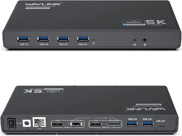 Main image of WAVLINK USB 3.0 Universal Laptop Docking Station with 65W Power Delivery, USB C 5K/ Dual 4K Dock Dual Monitor with 2 x HDMI & 2 DisplayPort, Gigabit Ethernet, 6 USB 3.0, Audio/Mic for Windows Mac OS