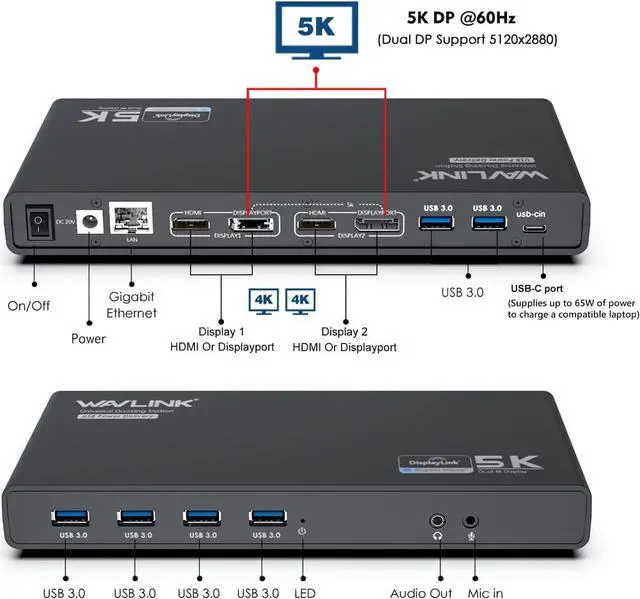 Alt view image 3 of 7 - WAVLINK USB 3.0 Universal Laptop Docking Station with 65W Power Delivery, USB C 5K/ Dual 4K Dock Dual Monitor with 2 x HDMI & 2 DisplayPort, Gigabit Ethernet, 6 USB 3.0, Audio/Mic for Windows Mac OS