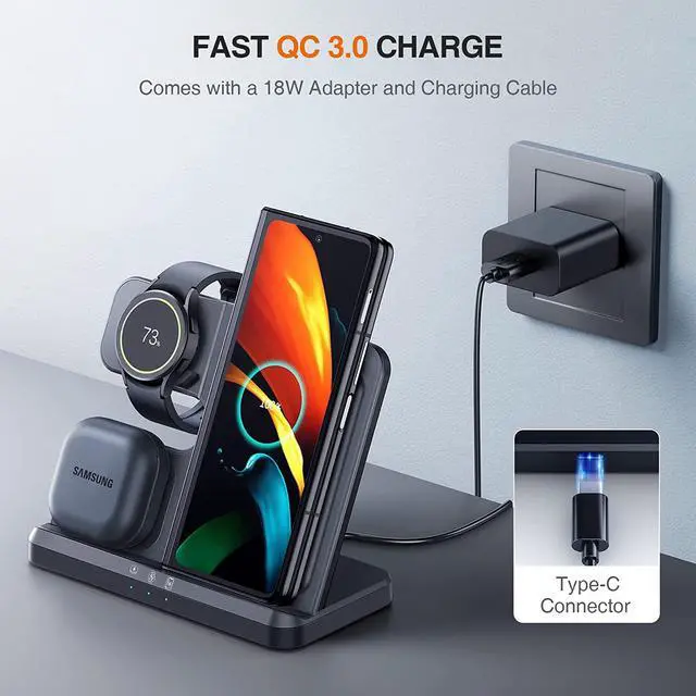 Alt view image 5 of 7 - Wireless Charger for  3 in 1 Wireless Charging Station for Galaxy Watch Charger Compatible for  S25 Ultra Plus S24 S23 S22 S21 Z Fold Flip 6/5/4/3 Galaxy Watch 7/6/5 Pro/4/3(Black)