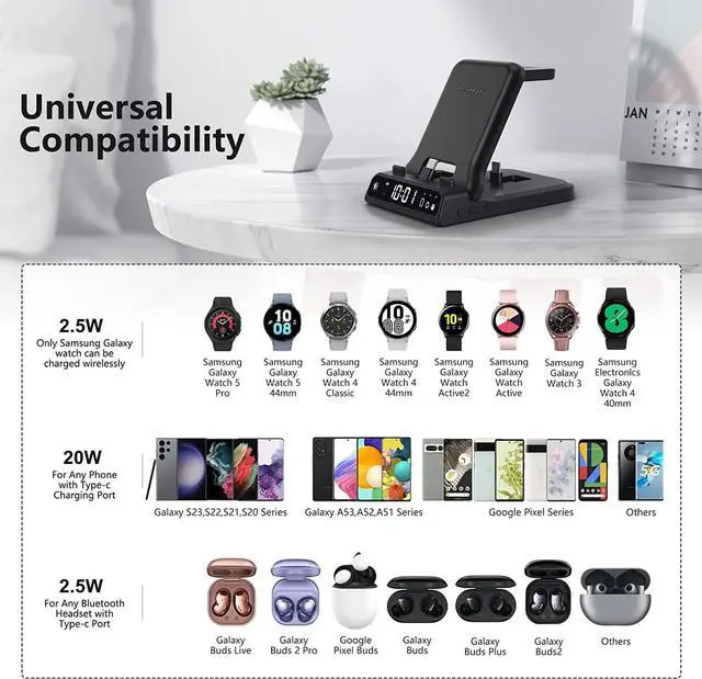Alt view image 3 of 7 - Charging Station for , Foldable 25W 3 in 1 Super Fast Charging Dock Stand for Galaxy S24 Ultra/S23/S22/Z Flip 5/Fold 5/A54/A25/A15/Buds,  Watch Charger for Galaxy Watch 6/5/4/3