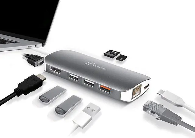 Alt view image 2 of 7 - j5create USB C Hub Adapter Multi-Monitor 10-in-1 Port Docking Station 4K HDMI, VGA, Ethernet, USB 3.0, MicroSD, SD, USB-C 3.1 + Power Delivery | for PC, Laptop, Tablet, Display Connection