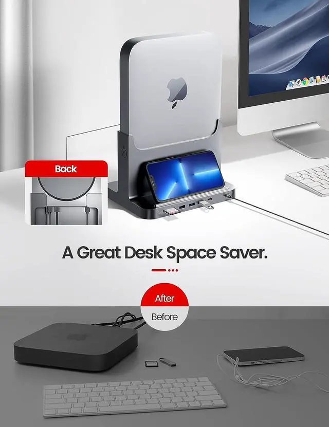 Alt view image 7 of 7 - VAYDEER Mac Mini Stand Space Gray ABS Plastic Dock for Mac Mini, 8-in-1 Dock Station Holder with Power Adapter, USB 3.0 Ports/USB Hub for Data Transfer TF/SD Card Reader HDD/SSD Slot Audio Jack