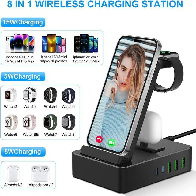 Alt view image 2 of 7 - 8 in 1 Wireless Charging Station, 100W USB C 2 Ports, Aluminum Alloy Cell Phone Charging Station Compatible with iPhone Series, iWatch, AirPods Pro