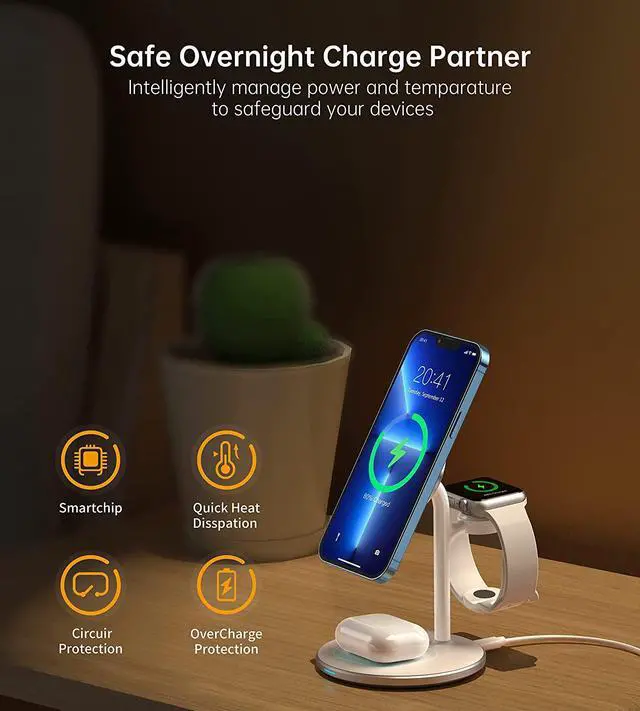 Alt view image 5 of 7 - 3 in 1 Wireless Charging Station for Multiple Devices, 15W Fast Wireless Mag-Safe Charger Stand for iPhone 14 13 12 Pro Max/Plus/Pro/Mini, Mag Charger for iWatch Ultra/8/7/SE/6/5/4/3/2, AirPods