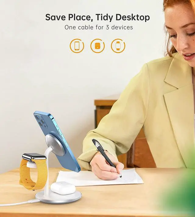 Alt view image 4 of 7 - 3 in 1 Wireless Charging Station for Multiple Devices, 15W Fast Wireless Mag-Safe Charger Stand for iPhone 14 13 12 Pro Max/Plus/Pro/Mini, Mag Charger for iWatch Ultra/8/7/SE/6/5/4/3/2, AirPods