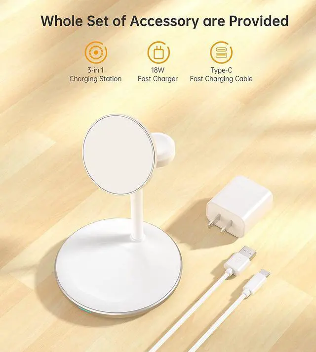 Alt view image 7 of 7 - 3 in 1 Wireless Charging Station for Multiple Devices, 15W Fast Wireless Mag-Safe Charger Stand for iPhone 14 13 12 Pro Max/Plus/Pro/Mini, Mag Charger for iWatch Ultra/8/7/SE/6/5/4/3/2, AirPods