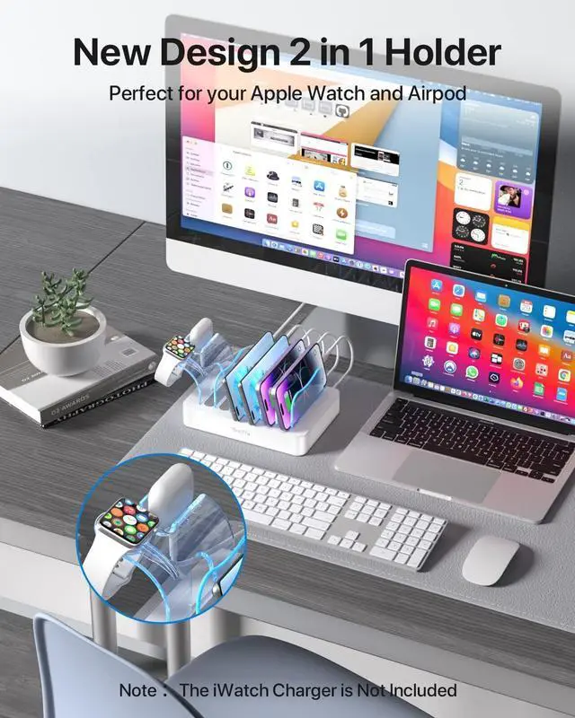 Alt view image 3 of 7 - SooPii Premium 6-Port USB Charging Station Organizer for Multiple Devices, 6 Short Charging Cables and One Upgraded i-Watch Charger Holder Included, for Phones, Tablets, and Other Electronics, White
