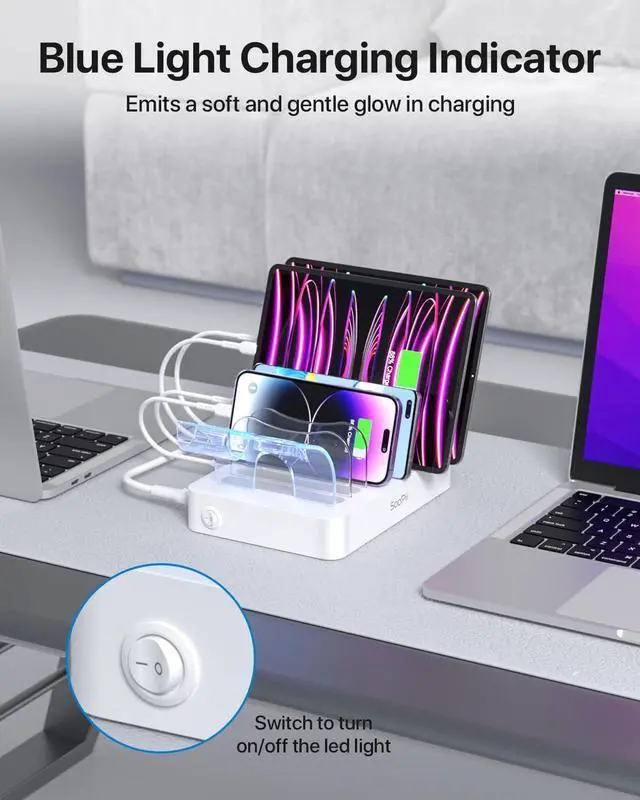 Alt view image 4 of 7 - SooPii Premium 6-Port USB Charging Station Organizer for Multiple Devices, 6 Short Charging Cables and One Upgraded i-Watch Charger Holder Included, for Phones, Tablets, and Other Electronics, White
