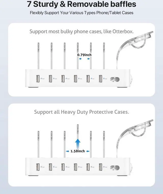 Alt view image 7 of 7 - SooPii Premium 6-Port USB Charging Station Organizer for Multiple Devices, 6 Short Charging Cables and One Upgraded i-Watch Charger Holder Included, for Phones, Tablets, and Other Electronics, White