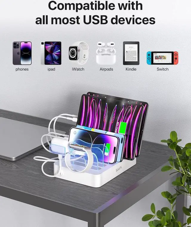 Alt view image 6 of 7 - SooPii Premium 6-Port USB Charging Station Organizer for Multiple Devices, 6 Short Charging Cables and One Upgraded i-Watch Charger Holder Included, for Phones, Tablets, and Other Electronics, White