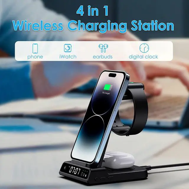 Alt view image 2 of 7 - Wireless Charger for iPhone, 3 in 1 Charging Station for Apple Watch Ultra 2/Watch 9/8/7/6/5, for iPhone 15/14/13/12/11/X Series, Air Pods Pro 2/3/Pro (with Digital Clock)