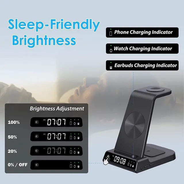 Alt view image 4 of 7 - Wireless Charger for iPhone, 3 in 1 Charging Station for Apple Watch Ultra 2/Watch 9/8/7/6/5, for iPhone 15/14/13/12/11/X Series, Air Pods Pro 2/3/Pro (with Digital Clock)