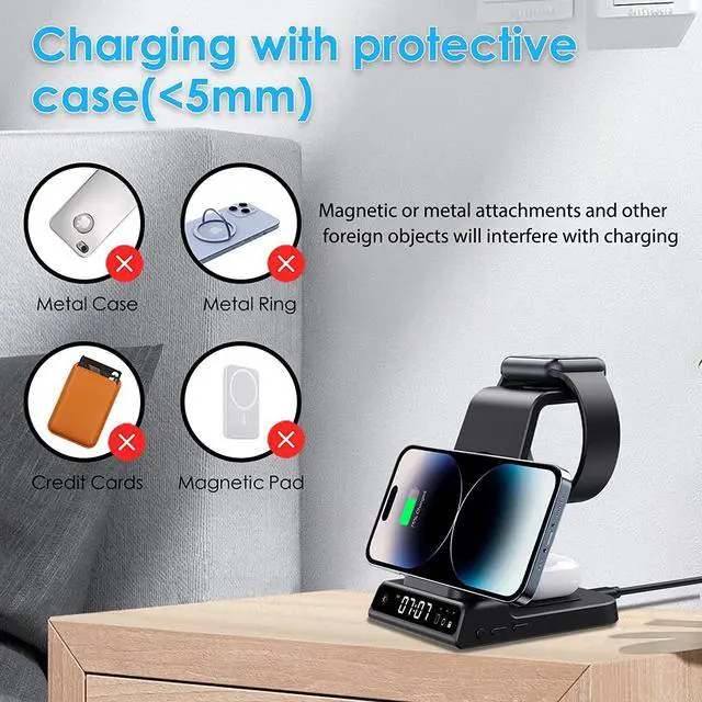 Alt view image 6 of 7 - Wireless Charger for iPhone, 3 in 1 Charging Station for Apple Watch Ultra 2/Watch 9/8/7/6/5, for iPhone 15/14/13/12/11/X Series, Air Pods Pro 2/3/Pro (with Digital Clock)
