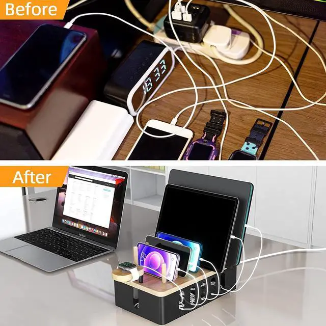Alt view image 4 of 7 - Metal Charging Station for Multiple Devices,New Upgrade Wood Charging Station for Phone Tablet Smart Watch Holder Desk OrganizersMatte Black Dock Device Organizer
