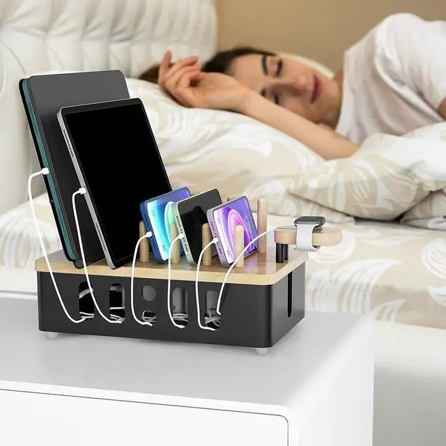 Alt view image 5 of 7 - Metal Charging Station for Multiple Devices,New Upgrade Wood Charging Station for Phone Tablet Smart Watch Holder Desk OrganizersMatte Black Dock Device Organizer