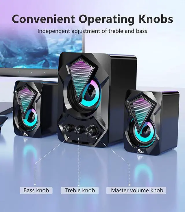 Alt view image 4 of 7 - NJSJ Computer Speakers, 2.1 USB-Powered Desktop Speakers with Subwoofer, Small Stereo Multimedia Speaker System with RGB Light 3.5mm Aux-in Connection for PC, Laptop, Tablets, Cellphone
