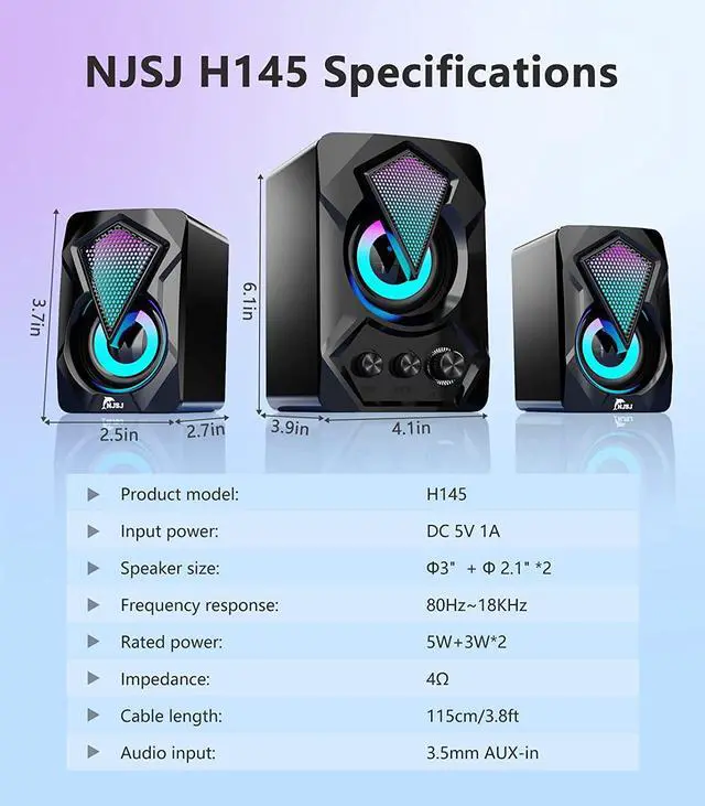 Alt view image 7 of 7 - NJSJ Computer Speakers, 2.1 USB-Powered Desktop Speakers with Subwoofer, Small Stereo Multimedia Speaker System with RGB Light 3.5mm Aux-in Connection for PC, Laptop, Tablets, Cellphone