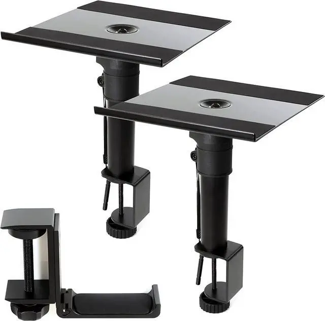 Main image of ZONDER Desktop Speaker Stands Clamp Pair - Adjustable Studio Monitor Stands Desk Clamp - 360º Rotation for PC Laptop Gaming - with Foldable Aluminum Headphone Hanger for Headset Game Controllers