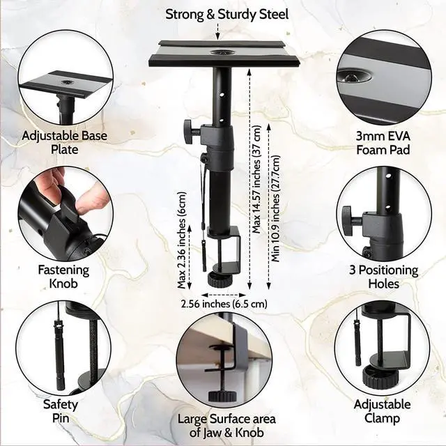 Alt view image 5 of 6 - ZONDER Desktop Speaker Stands Clamp Pair - Adjustable Studio Monitor Stands Desk Clamp - 360º Rotation for PC Laptop Gaming - with Foldable Aluminum Headphone Hanger for Headset Game Controllers