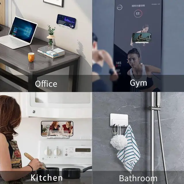 Alt view image 3 of 6 - Clear Wall Mount Adhesive Phone Holder,Multi-Function Cell Phone Charging Brackets Holders,Hook for Living Room, Kitchen, Bathroom, Office,Compatible with Most Phones and Tablet