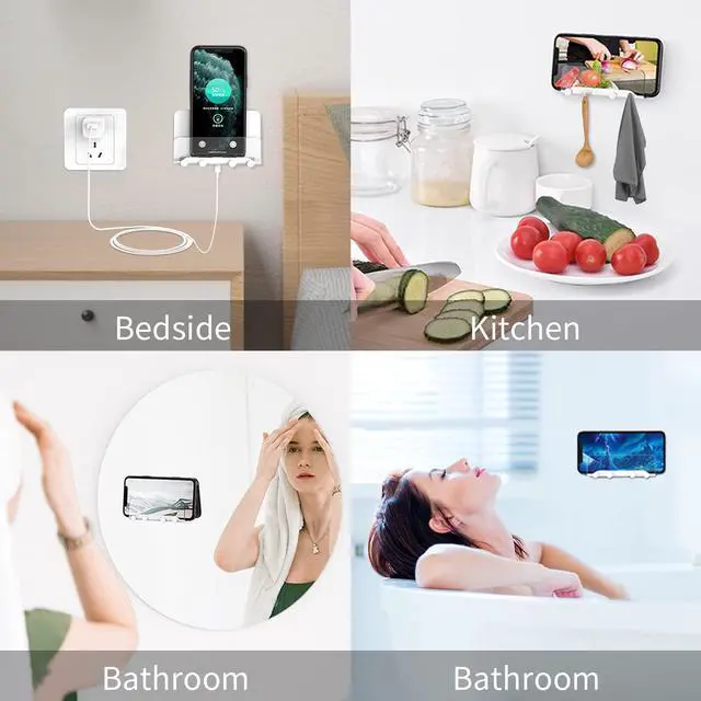 Alt view image 4 of 6 - Clear Wall Mount Adhesive Phone Holder,Multi-Function Cell Phone Charging Brackets Holders,Hook for Living Room, Kitchen, Bathroom, Office,Compatible with Most Phones and Tablet