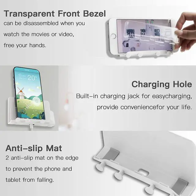 Alt view image 5 of 6 - Clear Wall Mount Adhesive Phone Holder,Multi-Function Cell Phone Charging Brackets Holders,Hook for Living Room, Kitchen, Bathroom, Office,Compatible with Most Phones and Tablet