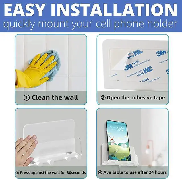 Alt view image 6 of 6 - Clear Wall Mount Adhesive Phone Holder,Multi-Function Cell Phone Charging Brackets Holders,Hook for Living Room, Kitchen, Bathroom, Office,Compatible with Most Phones and Tablet