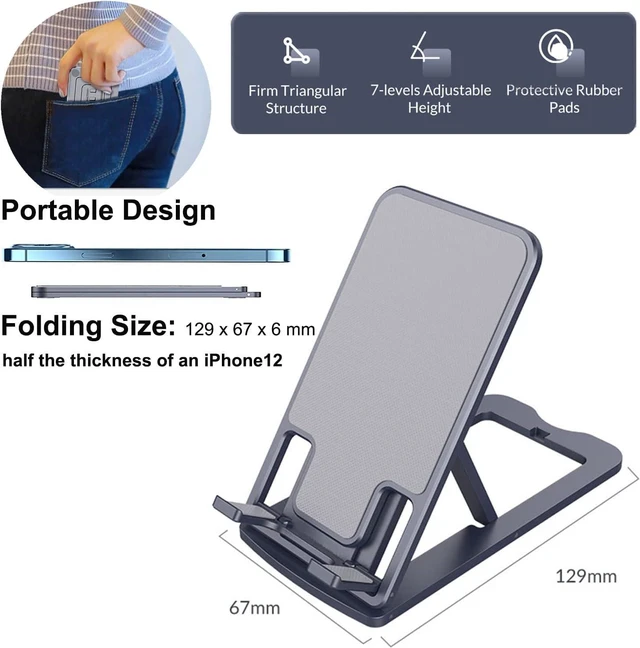 Alt view image 2 of 6 - DTech Foldable Cell Phone Stand Holder Aluminum Adjustable Height Nonslip Adhesive Portable Cellphone Cradle for Desk Office Table Home Travel Mobile Smartphone - Gray