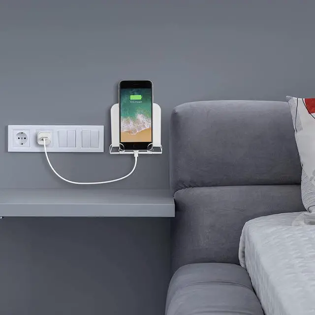Alt view image 4 of 7 - Cosmos 2 Pcs Wall Mount Phone Holder, Smartphone Charging Stand Wall Rack, Bedside Organizer Storage Bracket Compatible with Most Phones and Mini Tablets for Home Office Bedroom Living Room