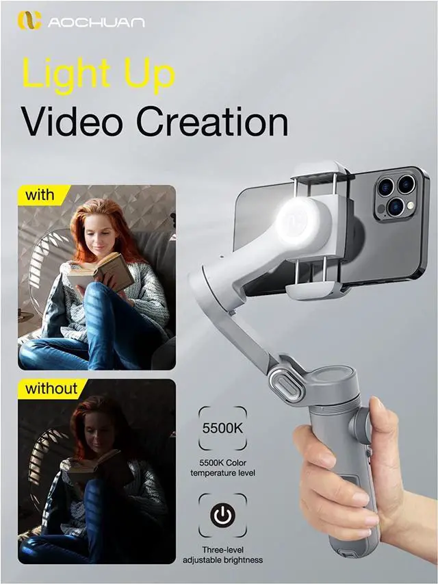 Alt view image 3 of 7 - Professional Gimbal Stabilizer for Smartphone w/Wireless Charging OLED Display LED Light Focus Wheel 3-Axis Phone Gimbal Stabilizer for iPhone 14 13 12 11 Pro/Max Galaxy S21-AOCHUAN Smart X Pro