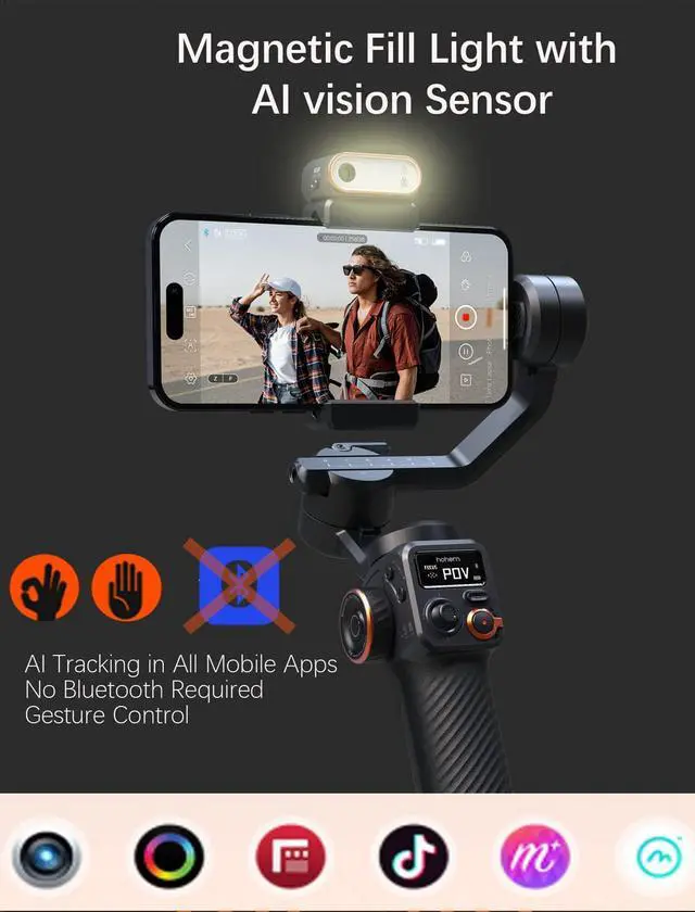 Alt view image 2 of 7 - Hohem iSteady M6 Kit Smartphone Gimbal Stabilizer 3-Axis with Magnetic Fill Light/AI Tracking Sensor for iPhone Android with 0.91-inch OLED Display Max Payload 400g